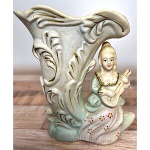 Vintage Ceramic Lady Playing Mandolin Vase With Ornate Scroll Design - 5.25" Tal